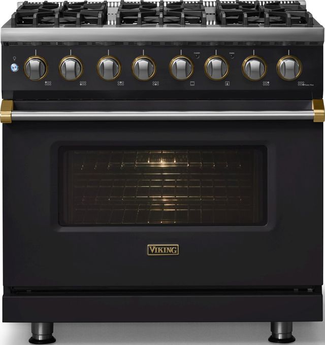 Viking® 5 Series 36" Onyx Pro Style Dual Fuel (LP) Range with Brushed Brass Trim-2