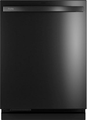 Front view of the GE Profile PDT715SBNTS black stainless steel dishwasher 