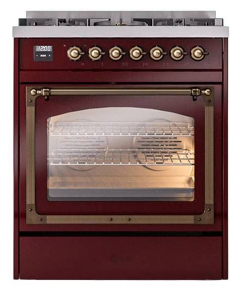 Ilve® Nostalgie II Noblesse 30" Burgundy Pro Style Dual Fuel Range with Burnished Trim-1