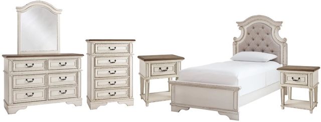 Signature Design by Ashley® Realyn 6-Piece Chipped White Twin Upholstered Panel Bed Set-0