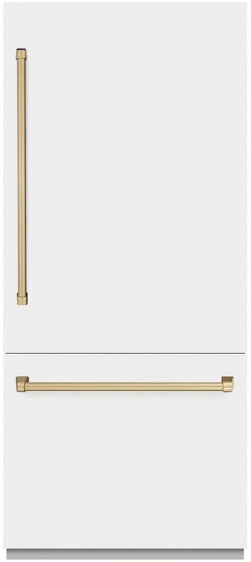 ZLINE Autograph Edition 36" 19.8 Cu. Ft. White Matte Built-In Bottom Freezer Refrigerator with Water Dispenser, Ice Maker, Graphite Gray Interior, and Champagne Bronze Accents-0