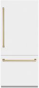 ZLINE Autograph Edition 36" 19.8 Cu. Ft. White Matte Built-In Bottom Freezer Refrigerator with Water Dispenser, Ice Maker, Graphite Gray Interior, and Champagne Bronze Accents-0