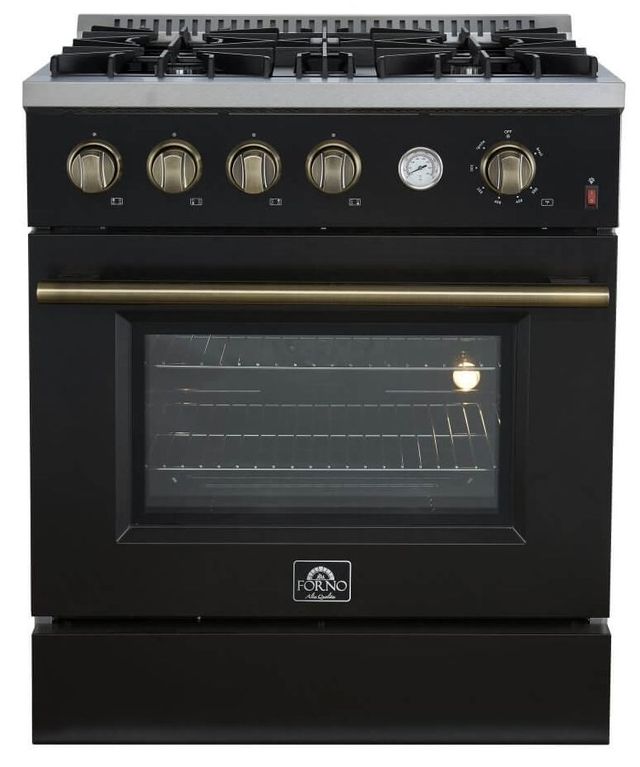FORNO® Marco 30" Black Pro Style Gas Range with Antique Brass Accents-0