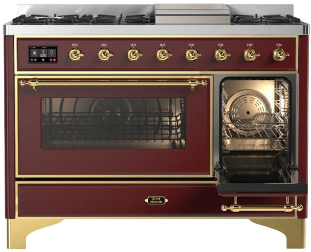 Ilve® Majestic III 48" Burgundy Pro Style Dual Fuel Liquid Propane Range with Triple Glass Door and Brass Trim-3