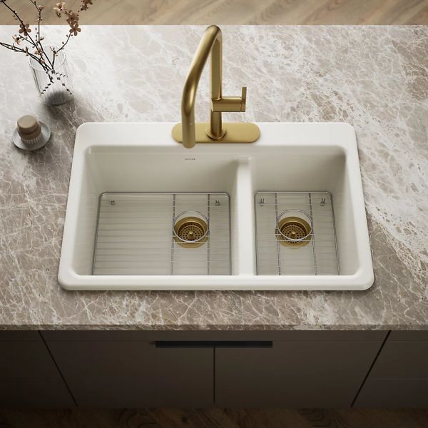 KOHLER® Riverby® Biscuit 33" 3-Faucet Hole Top-Mount Double-Bowl Kitchen Sink-1