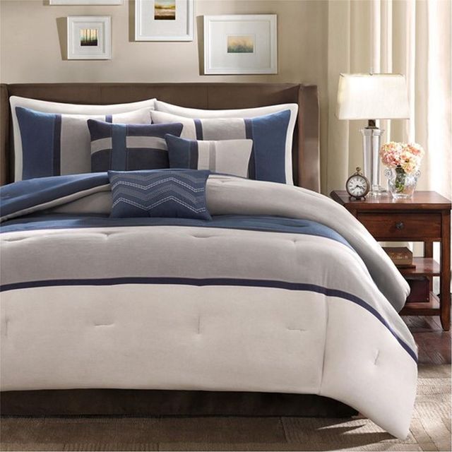 Olliix by Madison Park Blue Queen Palisades 7 Piece Faux Suede Comforter Set-0