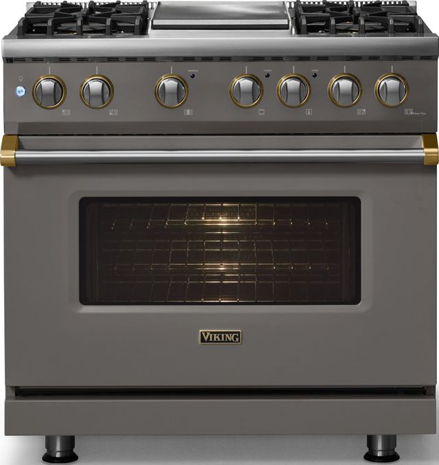 Viking® 5 Series 36" Damascus Gray Pro Style Dual Fuel (LP) Range with Brushed Brass Trim-2