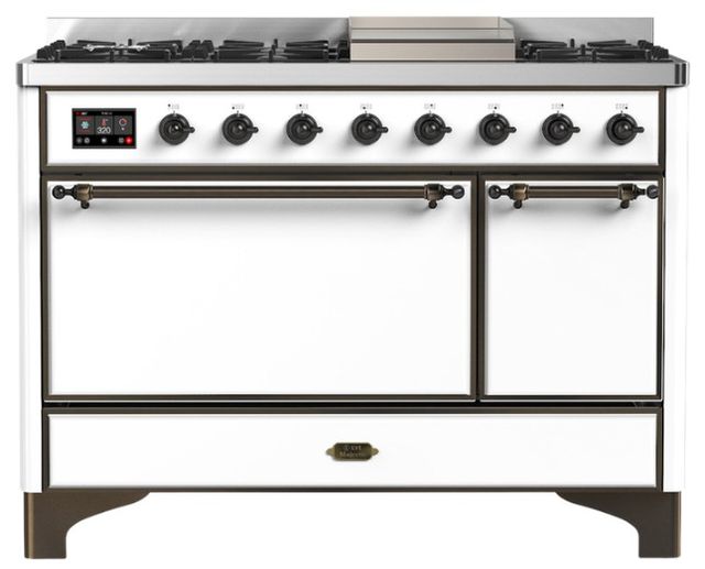 Ilve® Majestic III 48" White Pro Style Dual Fuel Natural Gas Range with Solid Door and Burnished Trim-0