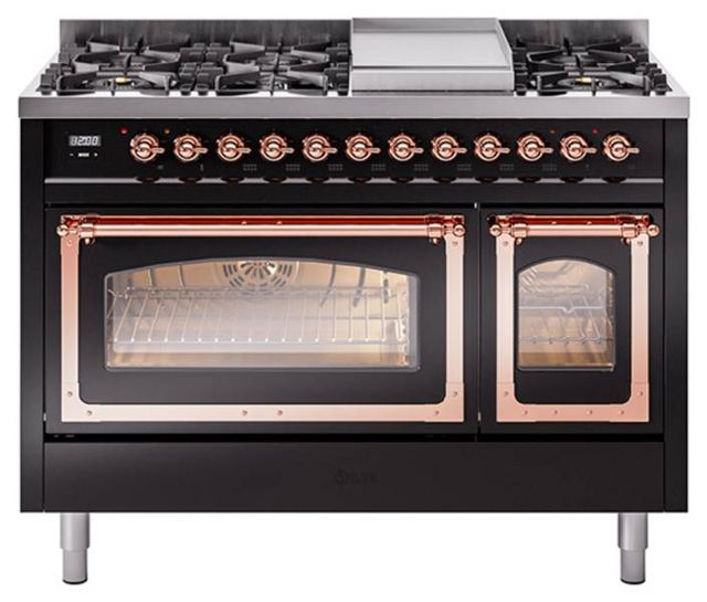 Ilve® Nostalgie II Noblesse 48'' Glossy Black Pro Style Dual Fuel Range with Copper Trim-0