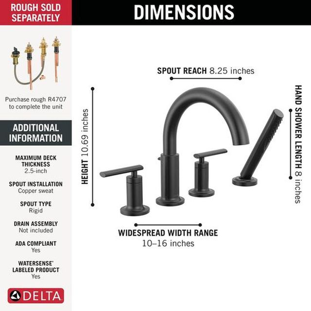 Delta Altado™ Roman Matte Black Tub Trim with Hand Shower-1