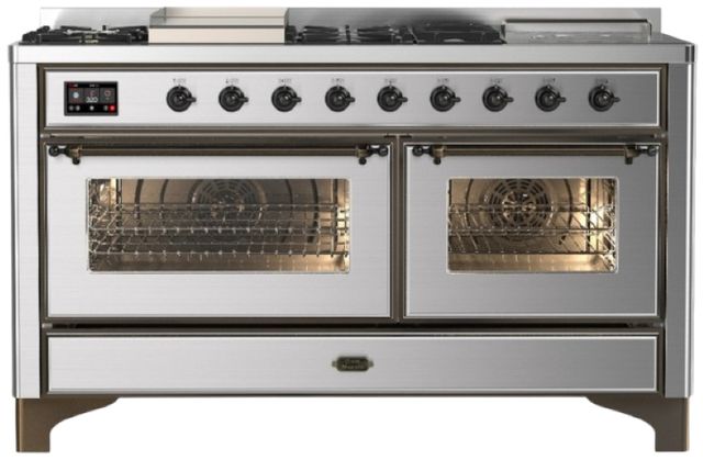 Ilve® Majestic III 60" Stainless Steel Pro Style Dual Fuel Liquid Propane Range with French Top and Burnished Trim-0