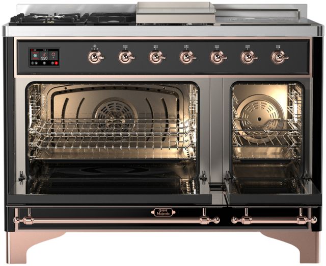 Ilve® Majestic III 48" Glossy Black Pro Style Dual Fuel Liquid Propane Range with 5 Black Brass Burners and Copper Trim-1