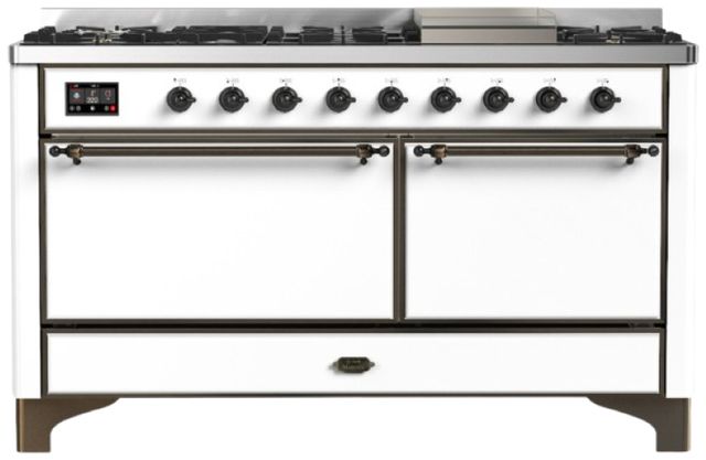 Ilve® Majestic III 60" White Pro Style Dual Fuel Natural Gas Range with Solid Door and Burnished Trim-0