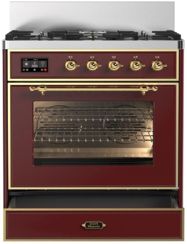 Ilve® Majestic III 30" Burgundy Pro Style Dual Fuel Liquid Propane Range with Triple Glass Door and Brass Trim-1