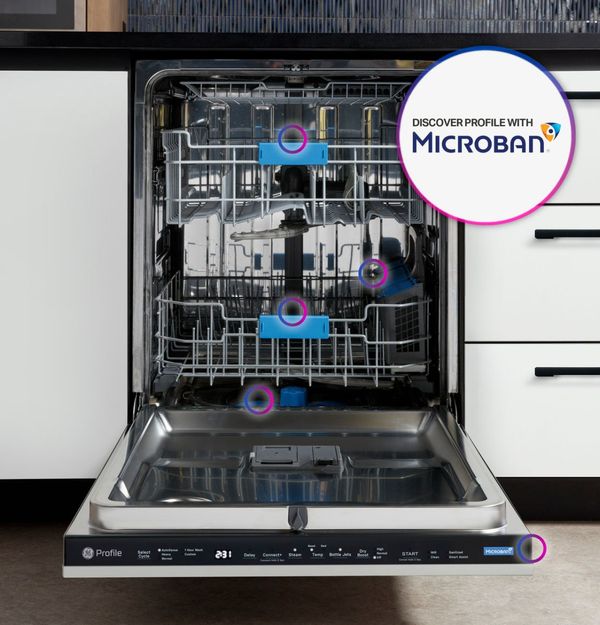 Close up graphic pointing out the Microban antimicrobial technology inside a GE Profile dishwasher.