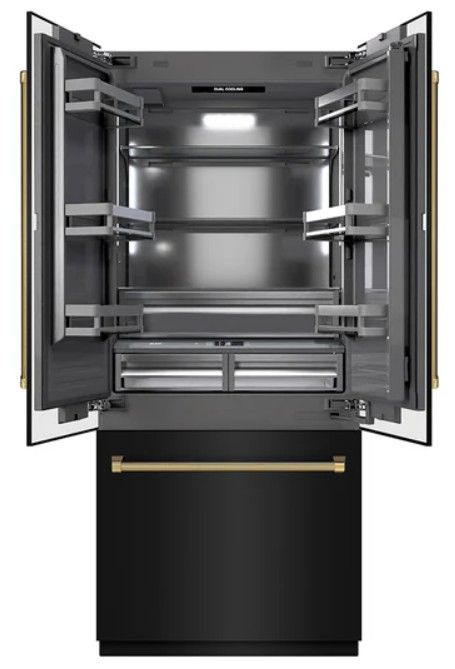 ZLINE Autograph Edition 36"  19.6 Cu. Ft. Black Stainless Steel French Door Built-In Bottom Freezer Refrigerator with Water Dispenser and Ice Maker in Graphite Gray Interior and Polished Gold Helix Handles-2