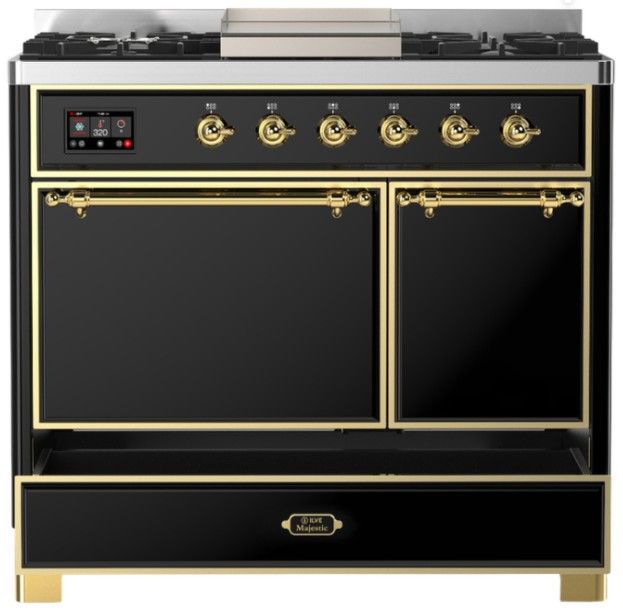 Ilve® Majestic III 40" Glossy Black Pro Style Dual Fuel Natural Gas Range with Solid Door and Brass Trim-2