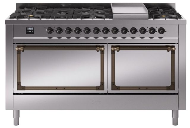 Ilve® Nostalgie II Noblesse 60'' Stainless Steel Pro Style Dual Fuel Range with Burnished Trim-0