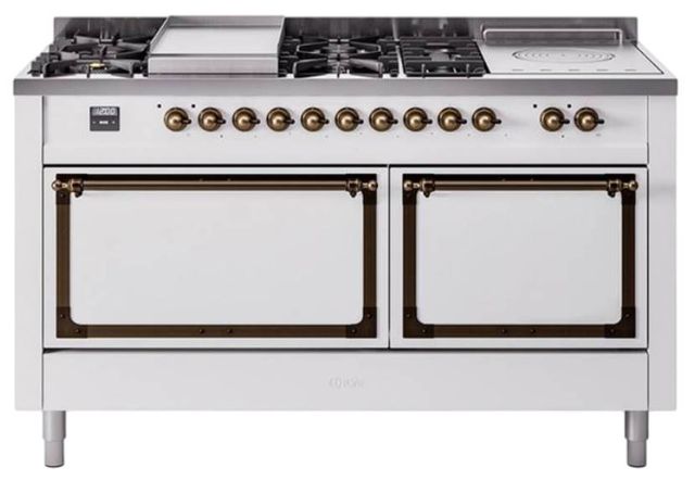 Ilve® Nostalgie II Noblesse 60'' White Pro Style Dual Fuel Range with Burnished Trim-0