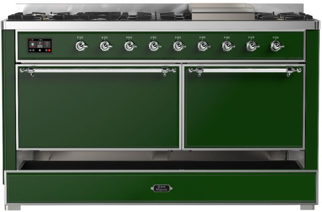 Ilve® Majestic III 60" Emerald Green Pro Style Dual Fuel Liquid Propane Range with Solid Door and Chrome Trim-1