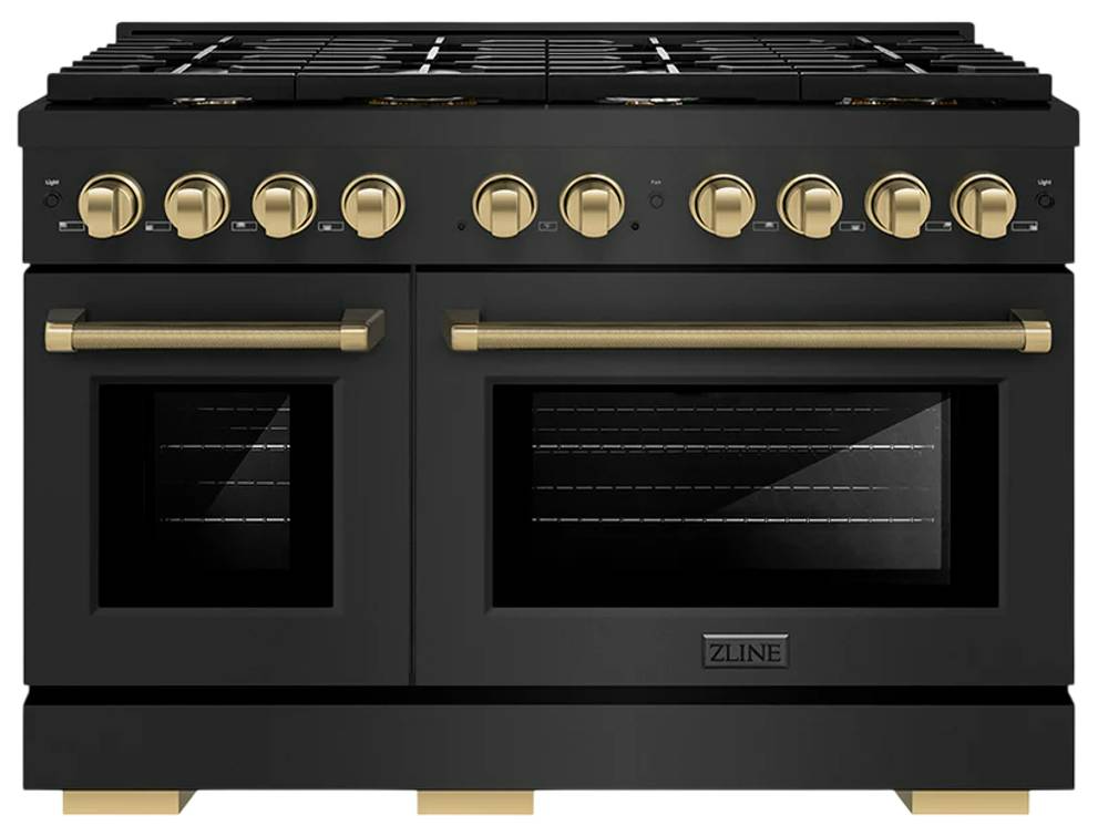 ZLINE Autograph Edition 48 in. 6.7 cu. ft. Paramount Double Oven Gas Range with 8 Burner Cooktop in Black Stainless Steel and Polished Gold Helix Handles and Knob Accents (SGRBZ-48-KG)