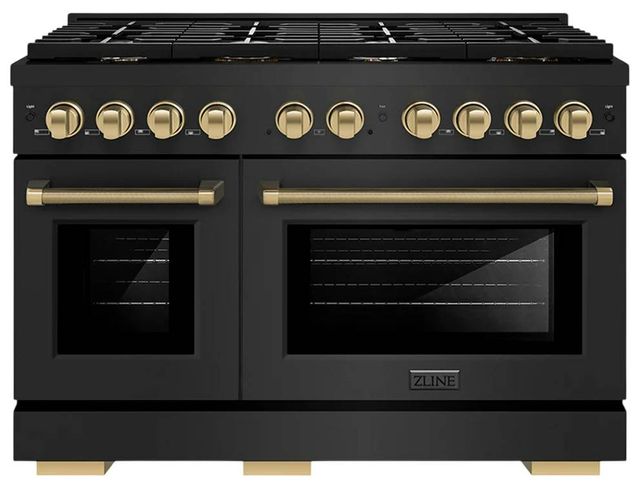 ZLINE Autograph Edition Paramount 48" Black Stainless Steel/Polished Gold Helix Handle Freestanding Double Oven Gas Range with 8 Burner Cooktop-0