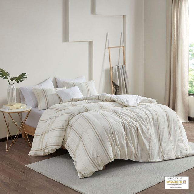 Olliix by Clean Spaces Hollis 5 Piece Organic Cotton Yarn Dyed Oversized Taupe and Ivory King/California King Comforter Cover Set-1