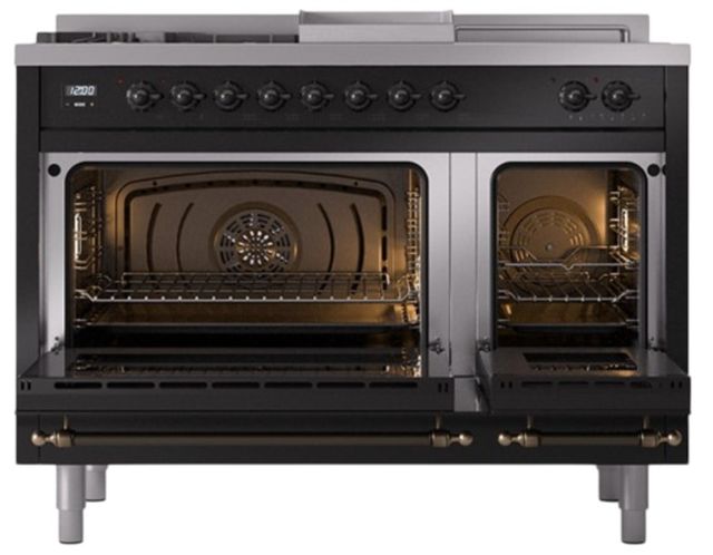 Ilve® Nostalgie II Noblesse 48'' Glossy Black Pro Style Dual Fuel Range with Burnished Trim-1