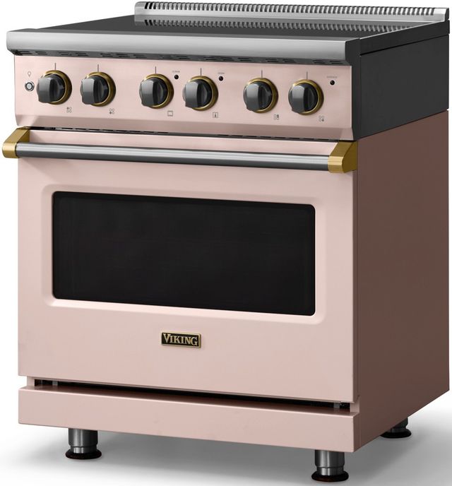 Viking® 5 Series 30" Blush Pro Style Electric Range with Brushed Brass Trim-2