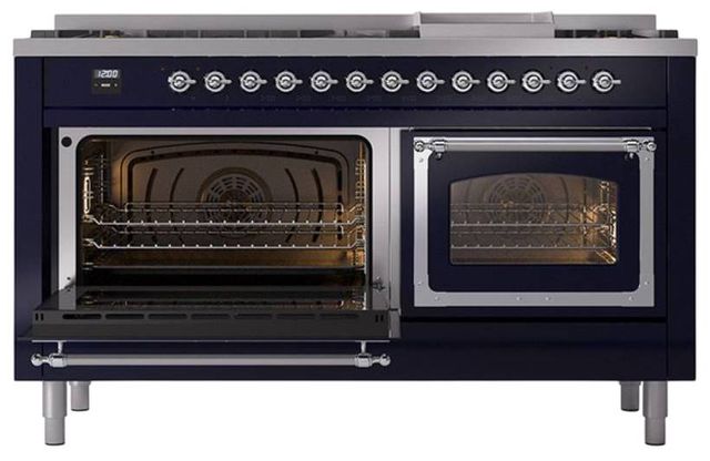 Ilve® Nostalgie II Noblesse 60'' Midnight Blue Pro Style Dual Fuel Range with Chrome Trim-3