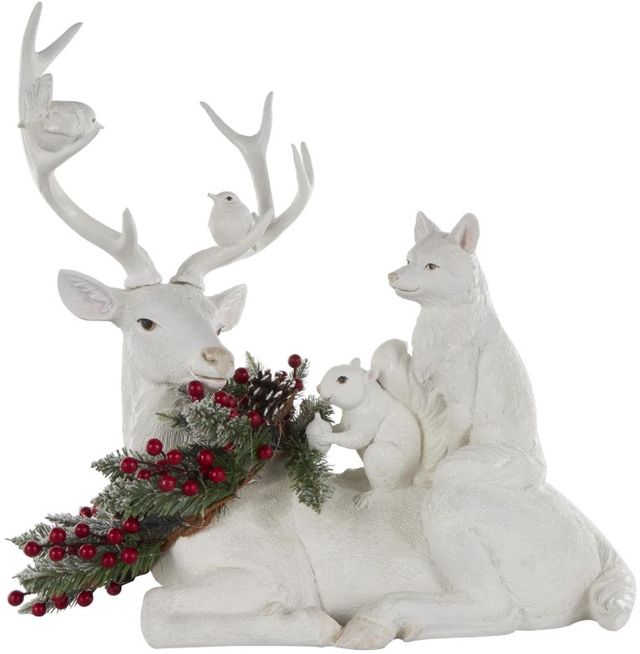 Deco Marche White Reindeer Textured Holiday Christmas Sculpture with Birds, Fox, Squirrel, and Holly Accent-0