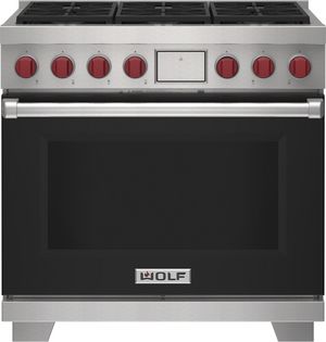 Front view of the Wolf® 36" Black Pro Style Dual Fuel Range
