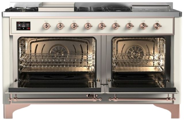 Ilve® Majestic III 60" Antique White Pro Style Dual Fuel Liquid Propane Range with French Top and Copper Trim-1
