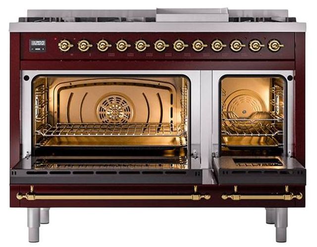 Ilve® Nostalgie II Noblesse 48'' Burgundy Pro Style Dual Fuel Range with Brass Trim-2