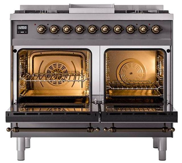 Ilve® Nostalgie II Noblesse 40'' Graphite Matte Pro Style Dual Fuel Range with Burnished Trim-2