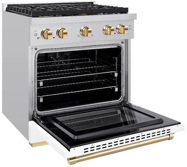 ZLINE Autograph Edition Paramount 30" Stainless Steel Pro Style Dual Fuel Range with White Matte Door and Polished Gold Accents-3