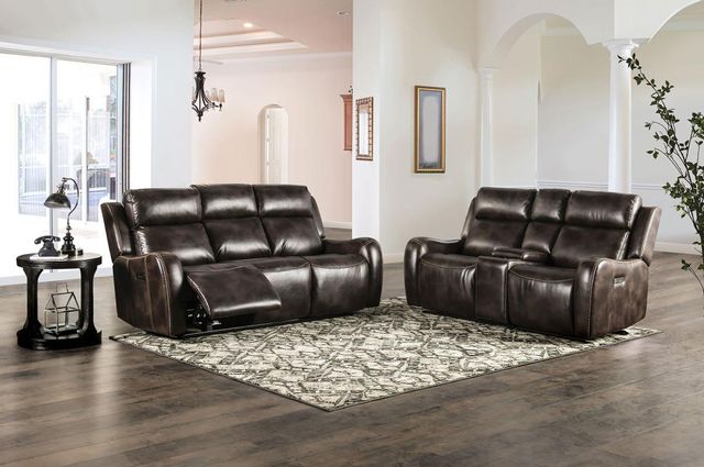 Front view of a modern leather reclining sofa and loveseat set