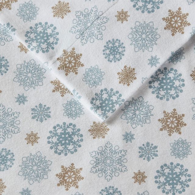 Olliix by True North by Sleep Philosophy Tan/Blue Snowflakes King Cozy Flannel 100% Cotton Flannel Printed Sheet Set-1
