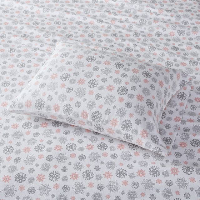 Olliix by True North by Sleep Philosophy Pink/Grey Snowflakes King Cozy Flannel 100% Cotton Flannel Printed Sheet Set-2