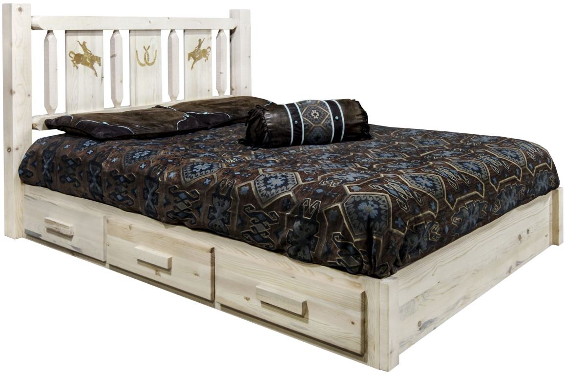 Montana Woodworks® Homestead Ready to Finish Twin Platform Storage Bed with Laser Engraved Bronc Design
