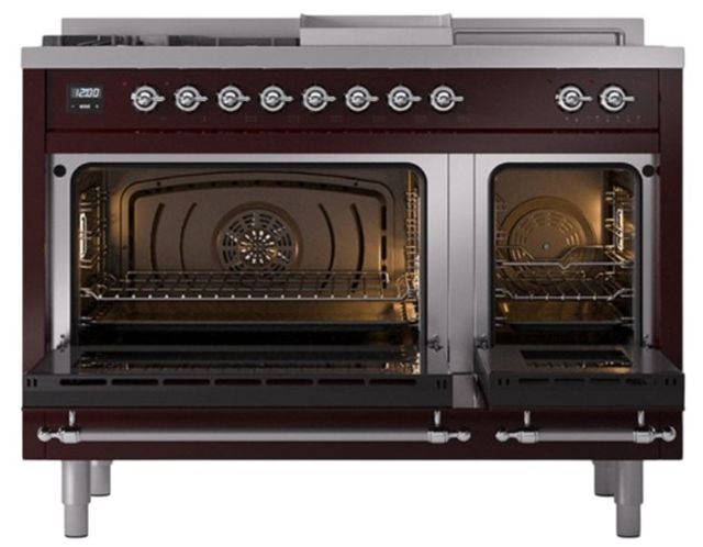 Ilve® Nostalgie II Noblesse 48'' Burgundy Pro Style Dual Fuel Range with Chrome Trim-1