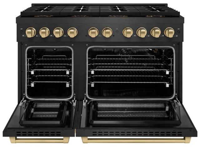 ZLINE Autograph Edition Paramount 48" 6.7 Cu. Ft. Black Satin Stainless Steel Gas Range with 8 Burner DuoPro™ Cooktop and Dual Oven with Polished Gold Accent-1