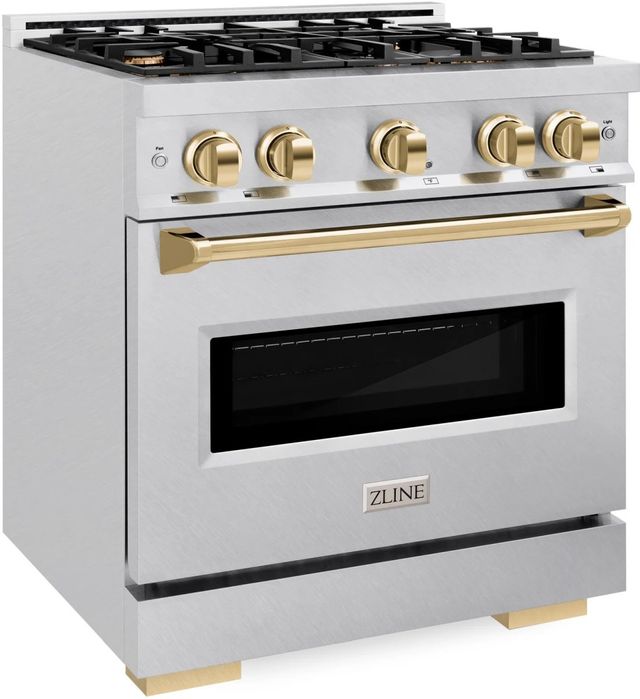 ZLINE Classic Autograph Edition 30" Satin Stainless Steel Pro Style Dual Fuel Range with Polished Gold Accents-2