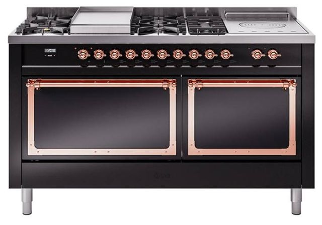 Ilve® Nostalgie II Noblesse 60'' Glossy Black Pro Style Dual Fuel Range with Copper Trim-0