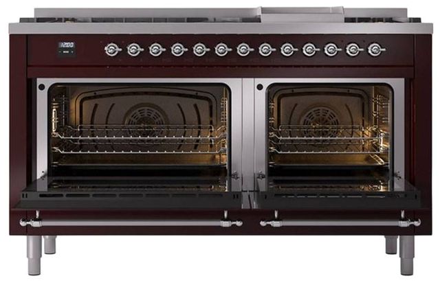 Ilve® Nostalgie II Noblesse 60'' Burgundy Pro Style Dual Fuel Range with Chrome Trim-2