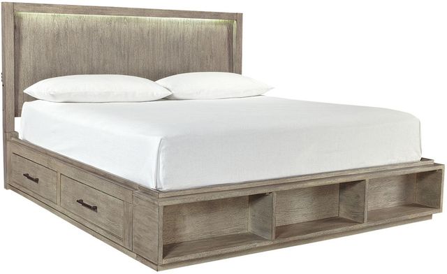 aspenhome® Platinum Gray Linen Queen Bookcase Storage Bed-0