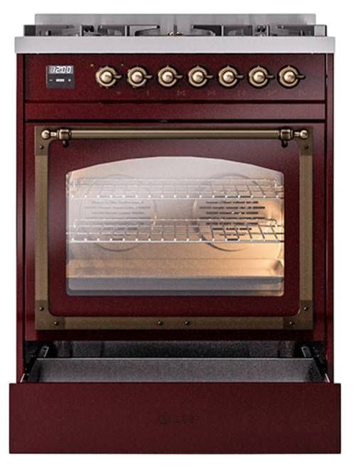 Ilve® Nostalgie II Noblesse 30" Burgundy Pro Style Dual Fuel Range with Burnished Trim-3