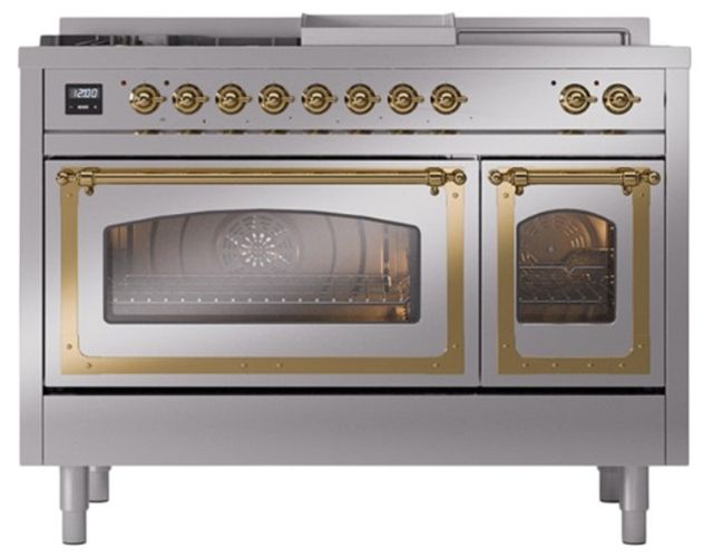 Ilve® Nostalgie II Noblesse 48'' Stainless Steel Pro Style Dual Fuel Range with Brass Trim-1
