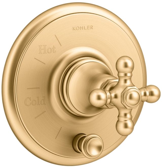KOHLER® Artifacts® Rite-Temp® Vibrant Brushed Moderne Brass Valve Trim with Push-Button Diverter and Cross Handle-0