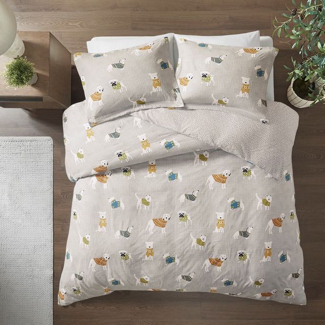 Olliix by True North by Sleep Philosophy Grey Dogs King/California King Cozy Flannel Duvet Set-2